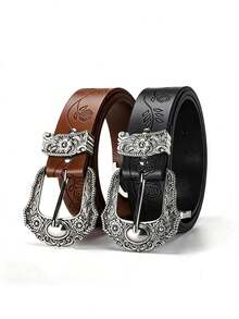 1pc New Leaf Print Lucky Clover Vintage Carved Niche Design Leather Belt, Versatile For Jeans And Dresses - Leaf - View 1