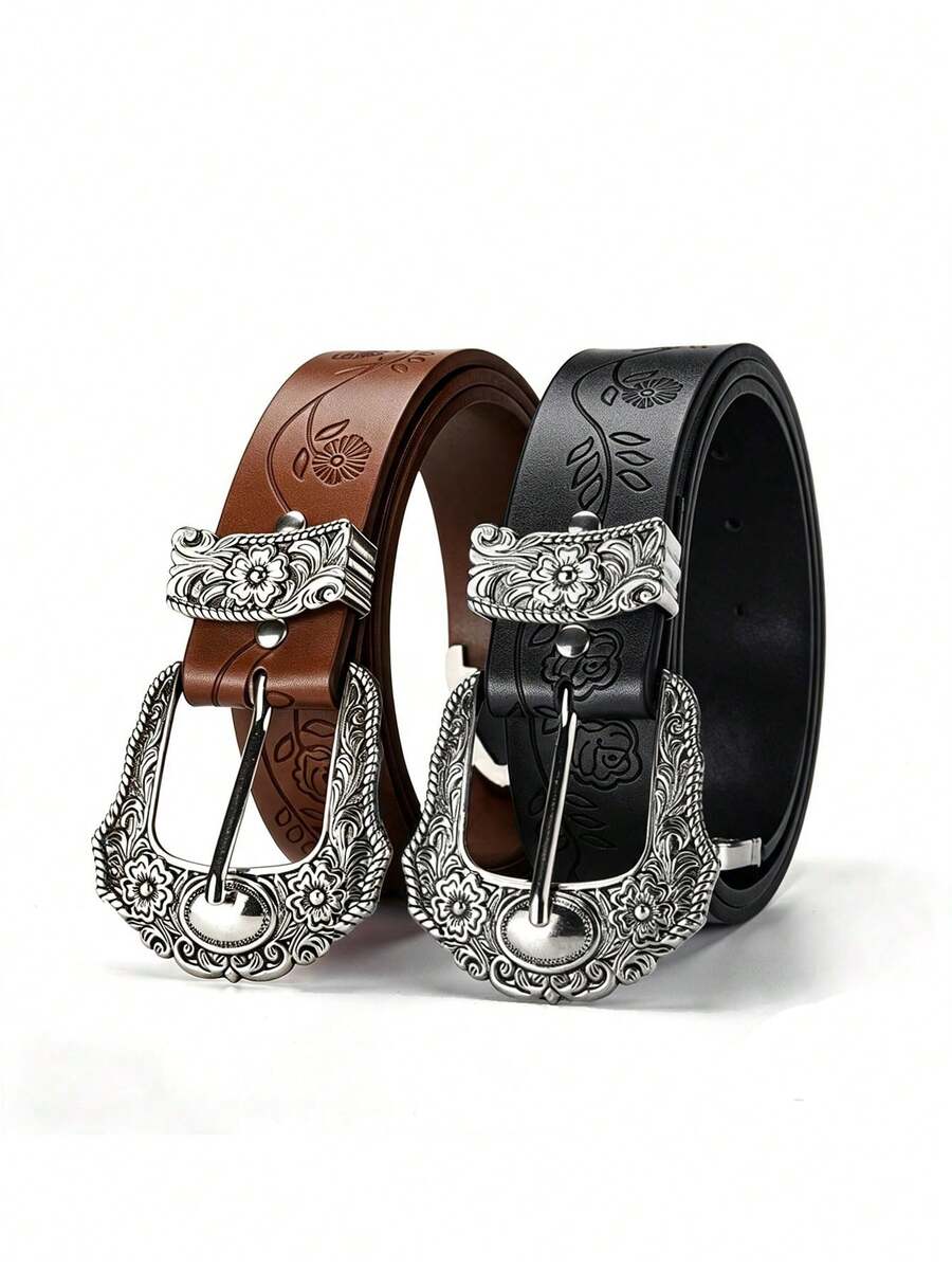 1pc New Leaf Print Lucky Clover Vintage Carved Niche Design Leather Belt, Versatile For Jeans And Dresses - Leaf - View 1