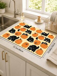 1pc Cat & Pumpkin Pattern Diatom Mud Kitchen Dish Drying Mat, Halloween, Can Be Used As Halloween Gift, Halloween Decoration, Absorbent Dish Drying Mat, Coffee Machine Mat, Dishwashing Mat, Sink Mat, Kitchen Countertop Protector, Suitable For Cups, Plates, Tableware And Kitchen Decor - Multicolor - View 13