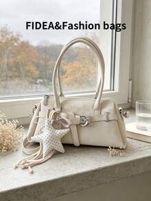 Women's Shoulder Underarm Bag, Solid Color PU Material With Leopard Print Element Design, Metal Shoulder Strap Decoration, Versatile Fashion, Comes With Personalized Star Pendant, Suitable For Travel, Shopping, Dating, Gift-Giving And Other Occasions - Beige - View 12