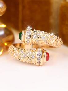 Open Snake Ring, Inlaid With Red & Green Domed Gemstones, Pave Set Vintage Exotic Style Party Finger Ring - Open Ring - View 4