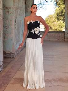 Elegant Strapless 3D Floral Applique Contrast Pleated Evening Gown, Bridal Photography, Formal Dinners, Garden Parties Black Wedding Party, Fall - Black - View 1