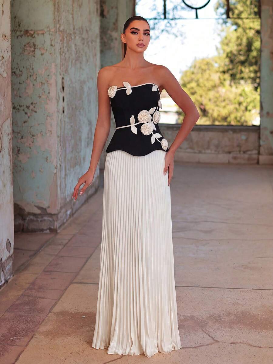 Elegant Strapless 3D Floral Applique Contrast Pleated Evening Gown, Bridal Photography, Formal Dinners, Garden Parties Black Wedding Party, Fall - Black - View 1