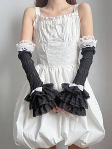 1 Pair Girls Lace Trim Patchwork Arm Sleeves, Ballet Style White & Black Sleeve Covers, Sweet Cute Lolita Bowknot Arm Warmers - Multicolor - View 3