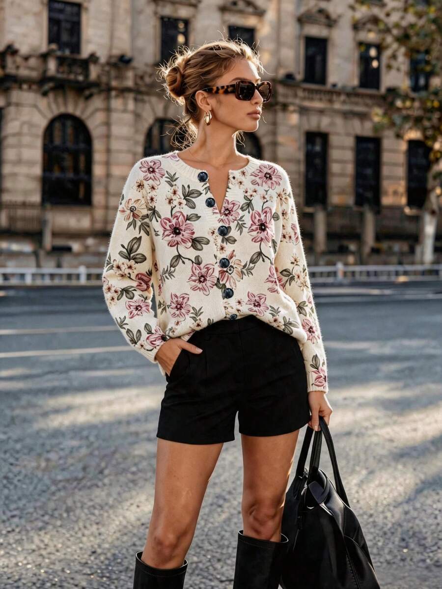 ADFHP Women's Vintage Floral Print Button Front Long Sleeve Knit Cardigan, Casual Loose Sweater For Fall/Winter Social Occasions - Multicolor - View 1