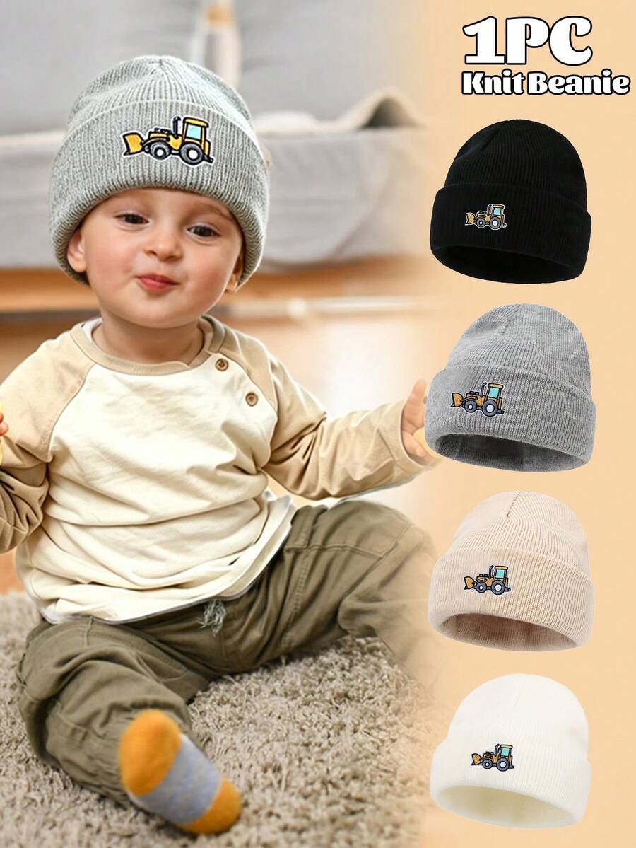 1PC Toddler Bulldozer Construction Vehicle Cartoon Embroidered Knit Hat, Folded Brim Beanie, Multiple Colors Available, Suitable For Boys, Outdoor, Snow Play, Walking, Birthday Gift - Multicolor - View 1