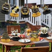 9Pcs Black Gold Happy Birthday Honeycomb Table Centerpieces Glitter Cake Crown Gift Box Champagne Balloon Star Cutouts Mult‑Age Birthday Party Table Decor Supplies - X260817E - View 6