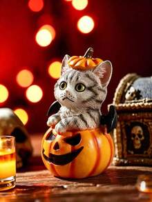 Halloween Decoration Cute Pumpkin Cat Resin Figurine, Pumpkin Lantern Cat Desktop Ornament, Indoor Home Office Country Bar Party Holiday Decor, Unique Creative Birthday Handmade Gift For Cat Lovers Animal Collection Statue - Pumpkin Cat - View 4