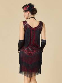 1920年代無袖 Flapper 舞女裙 大圓領《大亨小傳》風格 亮片流蘇 咆哮20年代 雞尾酒洋裝 - 紅色 - 查看 8