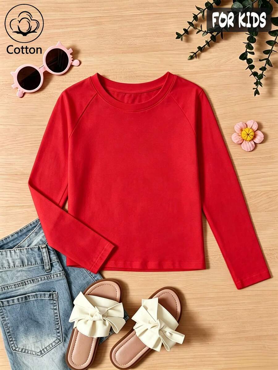 Autumn/Winter Ribbed Pure Cotton Long-Sleeved Top For Girls, Casual, Sporty And Preppy Style - Red - View 1