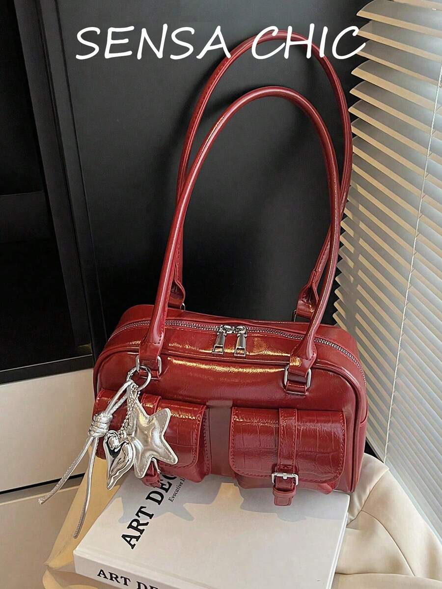 Solid Color Crocodile Embossed Pattern Shoulder Bag, Multi-Pocket Cylindrical Small Body, Easy Storage For Small Items With Zipper Closure, Long Hand-Carry Shoulder Strap With Star And Heart Pendant, Suitable For Commuting, Work, Dating, Shopping And Travel