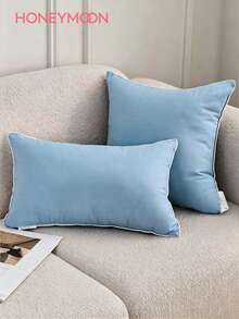 HONEYMOON 1pc Decorative Throw Pillow, 100% Polyester Fabric, Blue With White Piping, Soft And Breathable, Shrink-Resistant, Machine Washable, Suitable For Living Room, Bedroom, Sofa Decoration - Blue - View 2