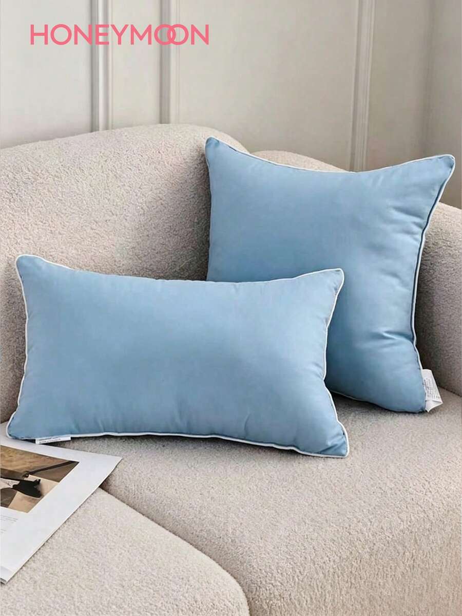 HONEYMOON 1pc Decorative Throw Pillow, 100% Polyester Fabric, Blue With White Piping, Soft And Breathable, Shrink-Resistant, Machine Washable, Suitable For Living Room, Bedroom, Sofa Decoration