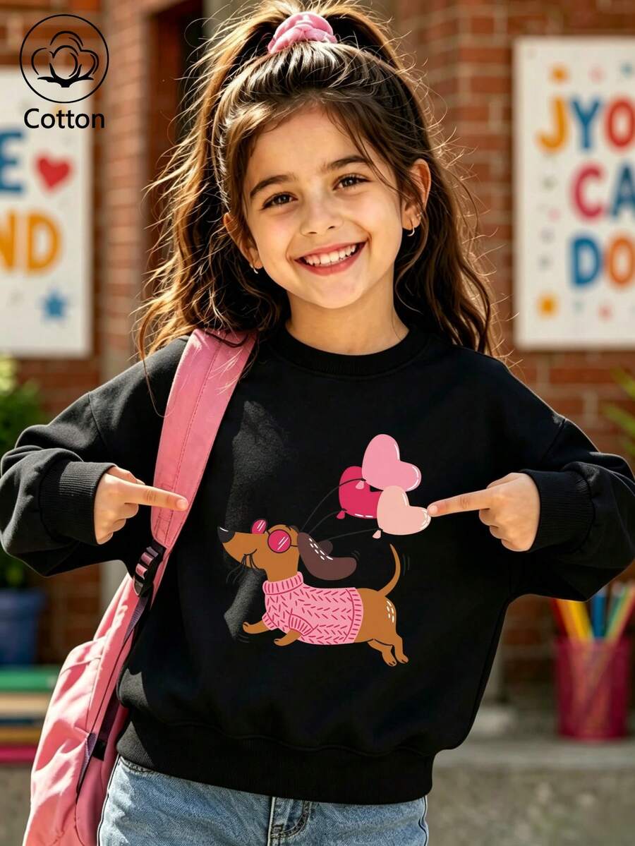 Cotton Girls' Round-Neck Pullover Hoodie, Relaxed Fit For Autumn And Winter, Featuring A Cute Dachshund Design, With A Sweet And Charming Preppy Style - Black - View 1