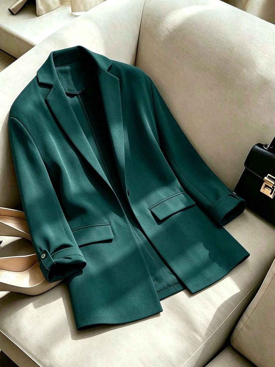 Plus Size Women's Casual Loose Fit Lapel Rolled Sleeve Blazer - Green - View 1