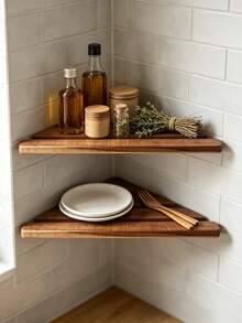 2Pcs Wooden Floating Corner Wall Shelves Rustic Wood Kitchen Storage Organizer Wall Mounted Display Rack For Pantry Bathroom Dining Room Space‑Saving Home Decor - View 6