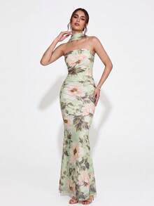 Colysmo Elegant Green Floral Print Backless Fishtail Dress For Women, Suitable For Formal Weddings,Bridesmaids, Evening Parties, And Cocktail Parties. - Green - View 9