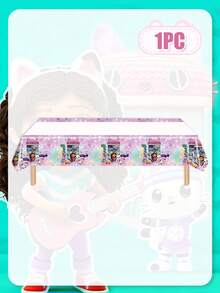 MASSDI Gabby Dollhouse Purple Glitter‑Effect Disposable Party Tablecloth, Rectangular Cartoon Character Print Table Cover, Waterproof Oil‑Resistant Table Decor, Multi‑Quantity Pack Option For Themed Birthday Party & Indoor Banquet - Multicolor - View 4