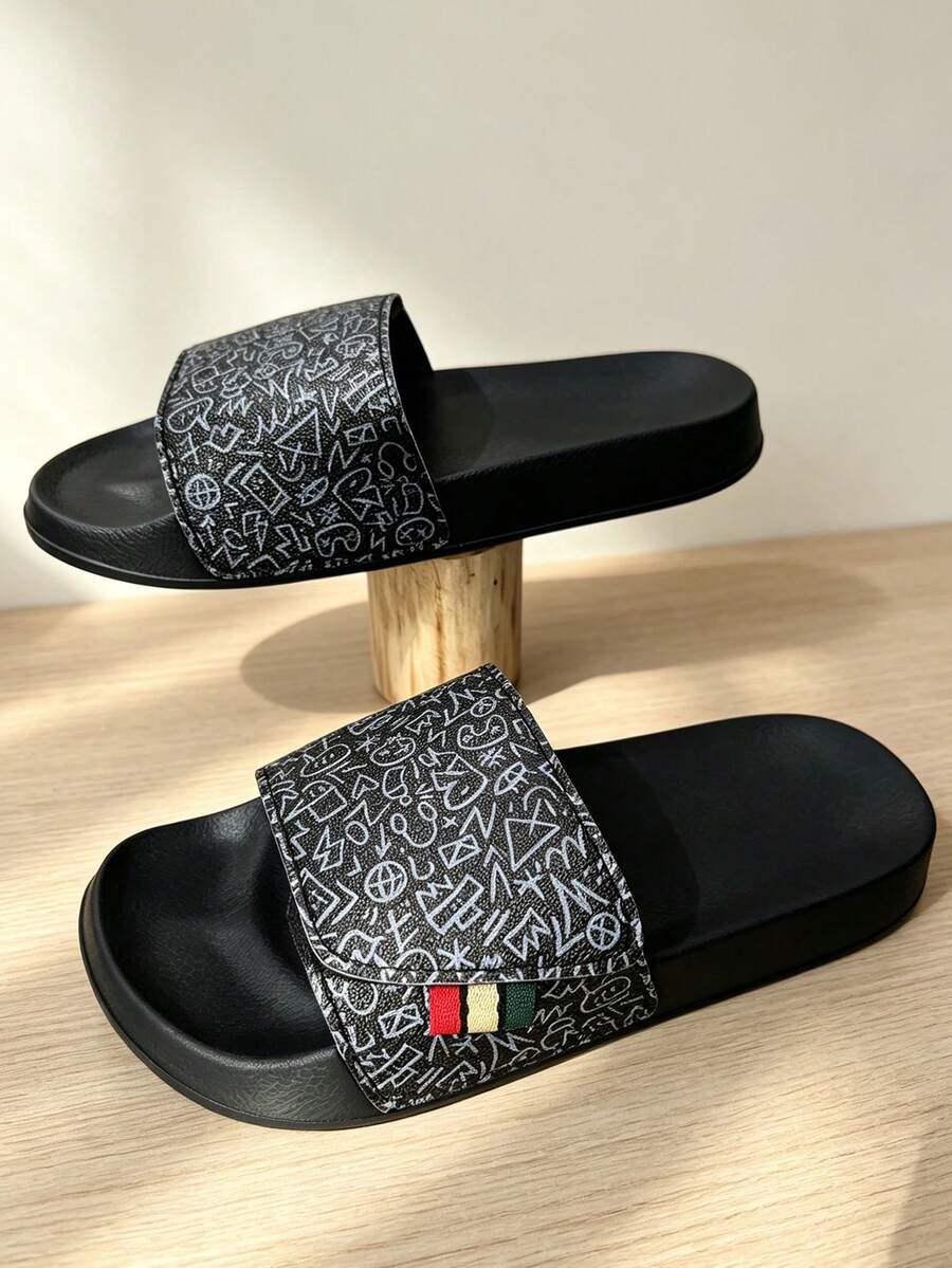 Men's Sports Slippers, Durable Thick EVA Sole, Casual Home & Outdoor Wear Slippers, Summer Outdoor Beach Casual Men's Sandals (Pattern Position Random) - Black - View 1