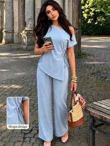 Women's Light Blue Short Sleeve Asymmetric Neckline Top And Pants 2 Pieces Set, Casual And Versatile Ideal Choice For All-Season Outings Summer - Blue - View 1