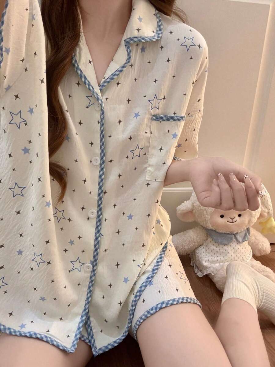 2pcs/Set Piyama Wanita, Cardigan Berkerah Motif Bintang, Celana Pendek Lengan Pendek Minimalis, Musim Semi/Panas - Blue and White - View 1