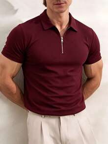Kaos Lengan Pendek Pria Kasual Warna Polos dengan Resleting, Musim Panas - Redwood - View 5