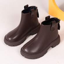 Children's Brown Leather Chelsea Boots, Thick Sole Chunky Heel Short Ankle Boots With Zipper, Toddler Kids Non-Slip Casual Winter Shoes - Brown - View 5