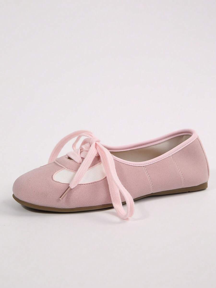 Colorblock Lace-Up Ballet Shoes, Soft Sole Lightweight Retro Training Style Low Vamp Daily Commute Women's Shoes - Pink - View 1