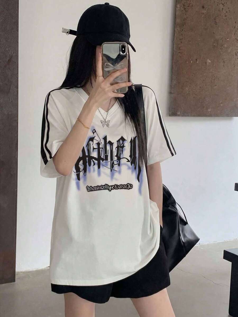 Women's Spring/Summer New Oversized Color Block Two-Stripe Side Stripe Short Sleeve T-Shirt, Fashion Loose Slimming Korean Style Daily Casual White - White - View 1