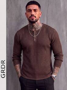 GRDR Men's Brown Hollow Mesh Henley Collar Knit Sweater, Textured Half-Button Long Sleeve Slim Fit Pullover Top, Autumn/Winter - Brown - View 3