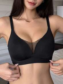 DAZY 1pc Seamless Mesh Patchwork Adjustable Unpadded Wireless Bra, Casual & Comfortable - Black - View 3