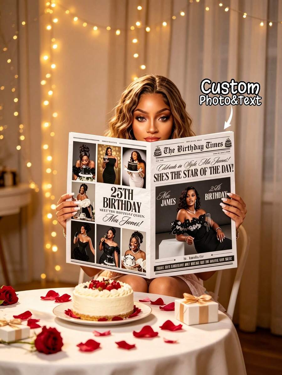 1pc Customized Newspaper Poster, Personalized Photo & Text Printing, Birthday Announcement, Customized Birthday Gift, Customized Newspaper, Birthday Keepsake, Engagement Birthday Decoration, Birthday Decoration, Home Display, Special Occasion