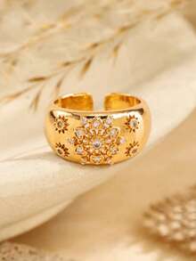 1pc Vintage Copper Inlaid Cubic Zirconia Star Flower Decor Open Cuff Ring For Women Daily Party Date Jewelry - Multicolor - View 2