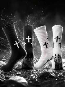 1/5/10 Pairs Cross Print Non-Slip Bottom Mid-Calf Sports Socks, Unisex Autumn Professional Socks With Silicone Anti-Slip Wear-Resistant Breathable Street Style Training Casual Long Socks - Men's Socks, Gift For Men, White Socks, Women's Socks, Black Socks, Long Socks, Halloween, Super Great Socks, Christmas, Christmas Gift, Winter - Multicolor - View 6