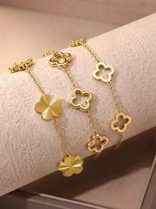 VceTd 1 Set Elegant Style Stainless Steel Women's Chain Bracelet With Floral Design, Suitable For Daily Wear - Yellow Gold - View 1