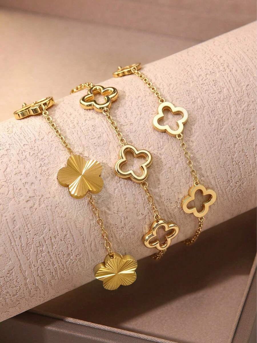 VceTd 1 Set Elegant Style Stainless Steel Women's Chain Bracelet With Floral Design, Suitable For Daily Wear - Yellow Gold - View 1