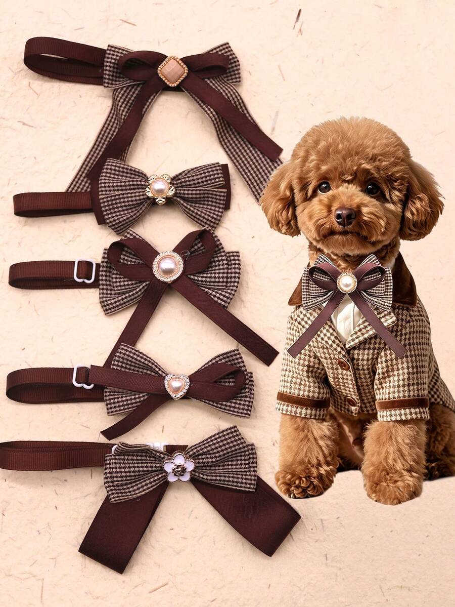 2/6Pcs Vintage Houndstooth Pearl Pet Bow Ties, British Style Adjustable Ribbon Collar Decor For Small & Medium Dogs & Cats, Pet Photoshoot Props For Daily & Party, Sweet Gifts For Pet Birthday, Valentine's Day & Christmas - Multicolor - View 1