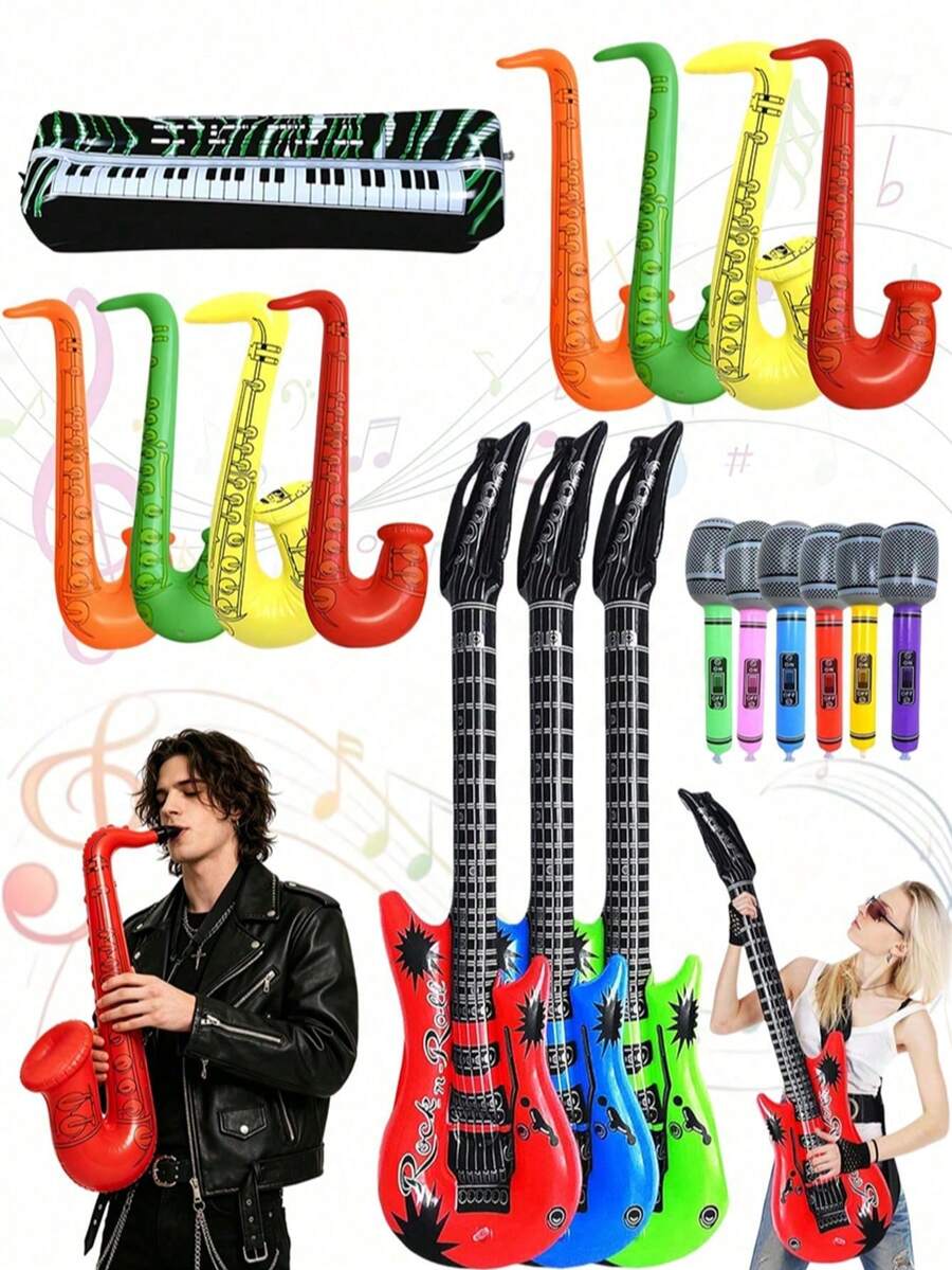 1/4pcs Inflatable Rock Party Props, Inflatable Instrument Set (Guitar, Saxophone, Keyboard, Microphone), Large 80s And 90s Inflatable Props, Suitable For 80s 90s Party Decoration, Hip Hop Theme, Birthday Party Supplies, Rock Party - Multicolor - View 1