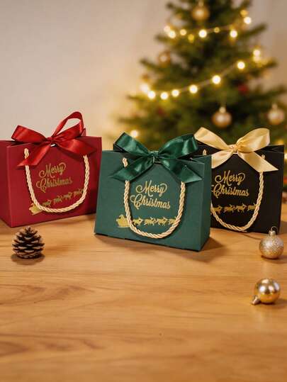 5pcs Luxury Christmas Favor Bags, Festive Mini Paper Gift Packaging With Gold Foil Lettering, Santa Sleigh Design And Matching Bow, Reusable Holiday Bags For Jewelry, Stocking Fillers, Winter Parties And Table Decorations