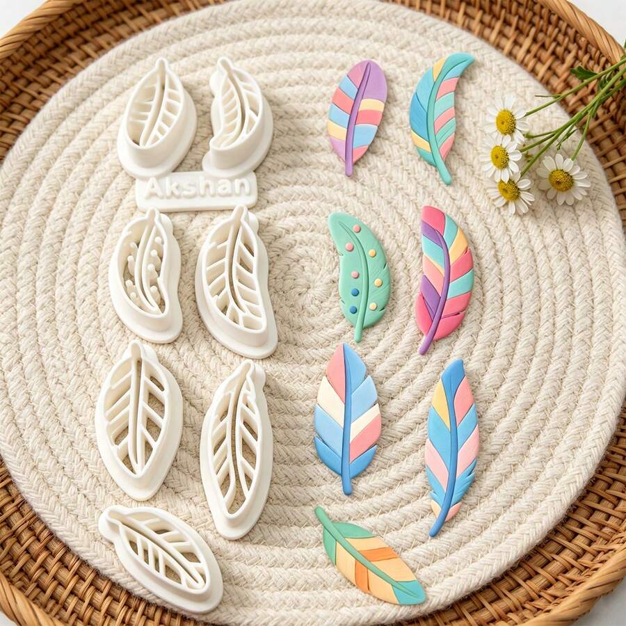 8Pcs Boho Style Feather Polymer Clay Cutters, Leaf Feather Pattern Clay Molds, DIY Handmade Earring Pendant Jewelry Craft Making Tools - 8pcs - View 1