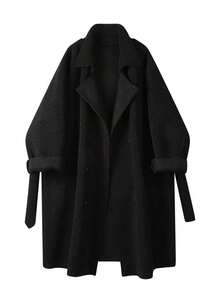 Vintage Elegant Lamb Wool Double-Breasted Mid-Length Trench Coat, Autumn/Winter Fleece Coat - Black - View 1