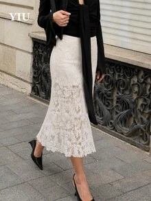 YIU 女款優雅白色鏤空蕾絲長洋裝，休閒可愛彈性針織長洋裝，女款秋季度假穿搭 - 白色 - 查看 1