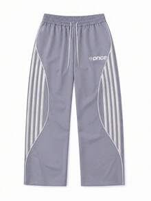 American Style Side Curved Stripe Wide Leg Sweatpants With Letter Print Drawstring Straight Leg Casual Long Pants For Men - Light Grey - View 4