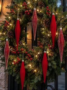 Christmas Icicle Hanging Ornament, Red Flocked Spindle-Shaped Christmas Ball, Christmas Decoration Pendant, Suitable For Christmas Party Decoration, Home Decor And Christmas Tree Decoration - Red Striped Teardrop Christmas Ornament - View 3