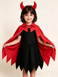 Children's Halloween Devil Cape Set, Red Little Devil Cloak + Horn Headband, Cos Stage Costume - Multicolor - View 3