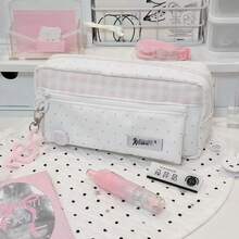 Ins Style Pink & White Polka Dot Plaid Pencil Case, Korean Style Large Capacity Multi-Layer Compartment Stationery Storage Bag, Cute Minimalist Student Pencil Pouch For Back To School - Multicolor - View 1