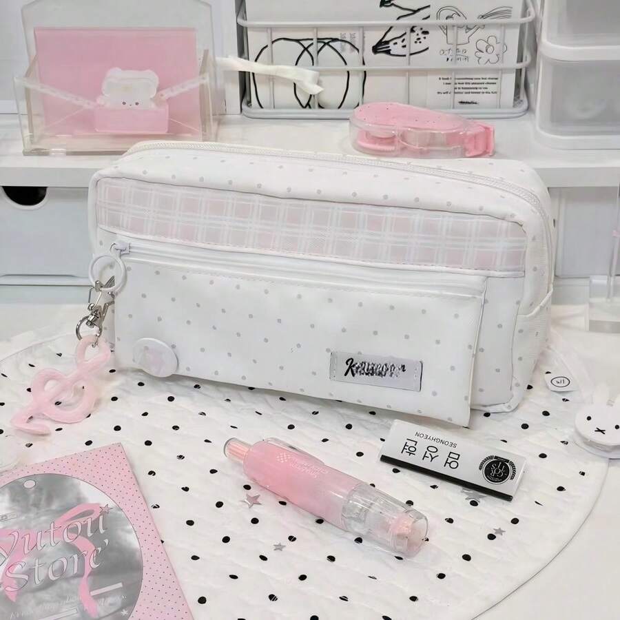 Ins Style Pink & White Polka Dot Plaid Pencil Case, Korean Style Large Capacity Multi-Layer Compartment Stationery Storage Bag, Cute Minimalist Student Pencil Pouch For Back To School - Multicolor - View 1