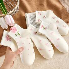 5 Pasang Kaos Kaki Anak Perempuan Balita Motif Bunga dan Pita Lucu, Kaos Kaki Pendek Bergaris Lembut, Kaos Kaki Kasual Motif Bunga Merah Muda untuk Pakaian Sehari-hari dan Sekolah Anak-anak - Putih - View 5