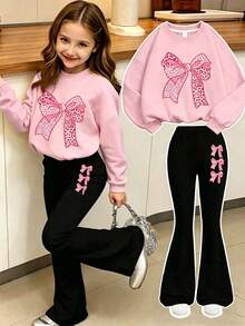 2PCS/Set Teen Girl Cartoon Bow Print Long Sleeve Sweatshirt And Flare Pants Set, Y2K Top And Bottom 2-Piece Outfit For Autumn/Winter, Suitable For Daily Wear - Multicolor - View 2
