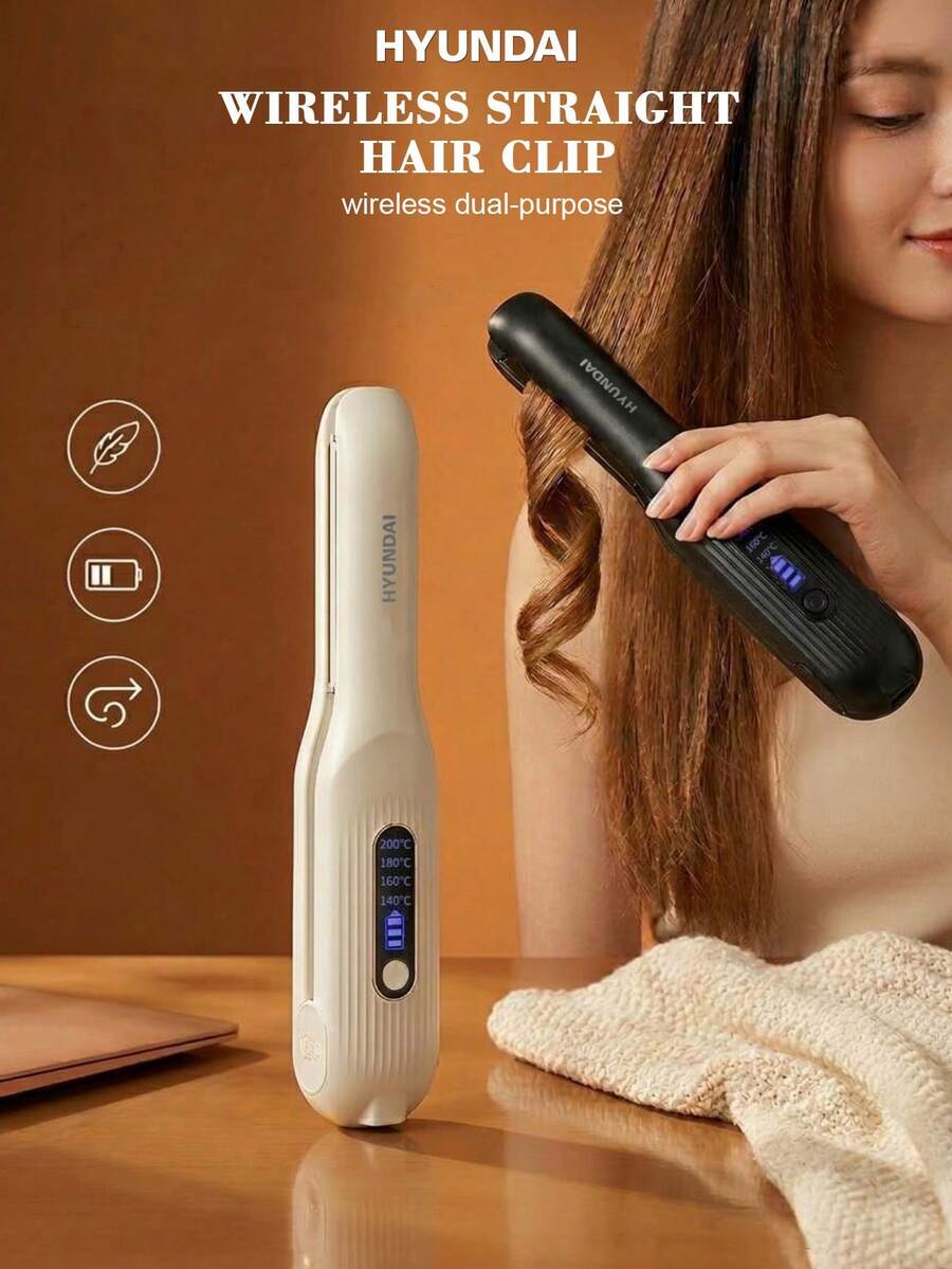 HYUNDAI 1pc Mini Wireless 2-In-1 Curling & Straightening Iron, USB Rechargeable 4000mAh, Long-Lasting, Anti-Scald Constant Temperature, Ionic Hair Care, Portable Travel Hair Styling Tool, Great Gift - Multicolor - View 1